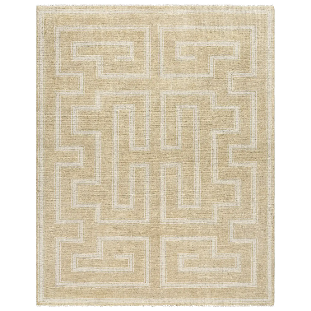 Lemieux et Cie Marquise Blanc rug in warm neutral tones with geometric Greek key pattern, shown on white studio backdrop.