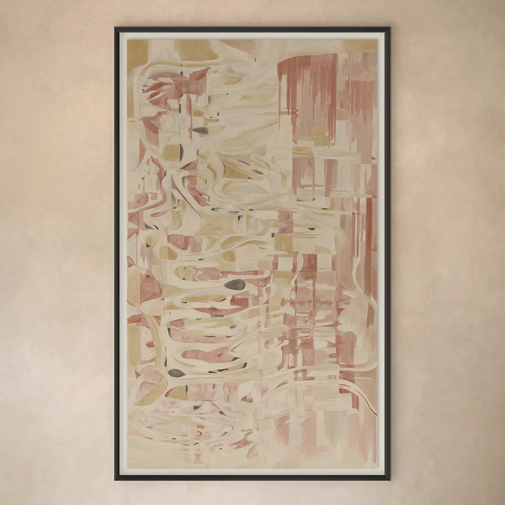 Lemieux et Cie Rose Brûlé Limited Edition Art Print in rose and saffron tones, abstract artwork in dark frame on neutral plaster wall.