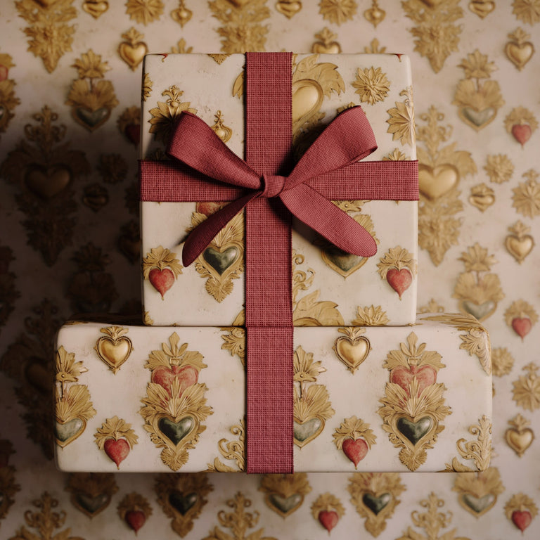 Lemieux et Cie Sacred Heart is fancy gift wrapping influenced by French devotional art from the 18th century, when heart emblems symbolized love, devotion, and protection.