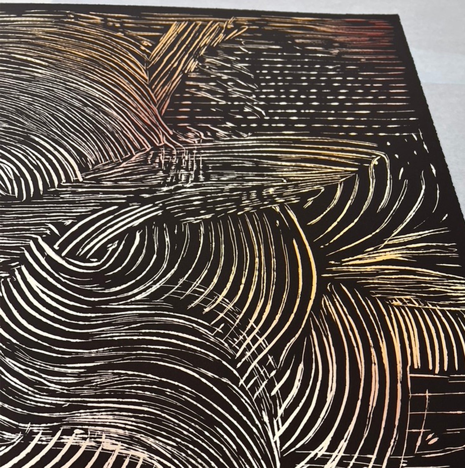 Lemieux et Cie Sansui Limited Edition Art Print, abstract landscape with sweeping linear patterns in black, silver and gold, shown on white studio backdrop.