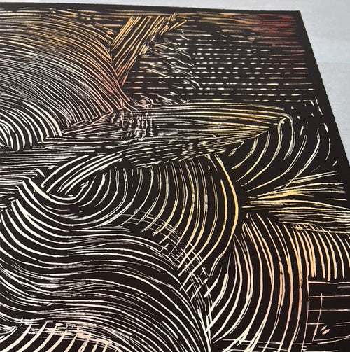 Lemieux et Cie Sansui Limited Edition Art Print, abstract landscape with sweeping linear patterns in black, silver and gold, shown on white studio backdrop.