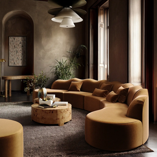 Lemieux et Cie Serpentine 4 Piece sectional in nutmeg, curved modular sofa in a high-ceilinged sitting room with plaster walls and wood floors.