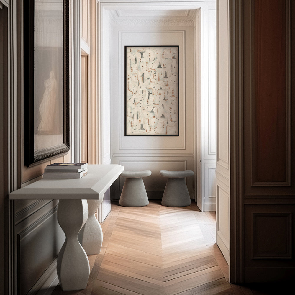 Lemieux et Cie La Fougère fine art print in warm abstract tones, framed artwork in white-paneled room with herringbone wood floors and sculptural seating.