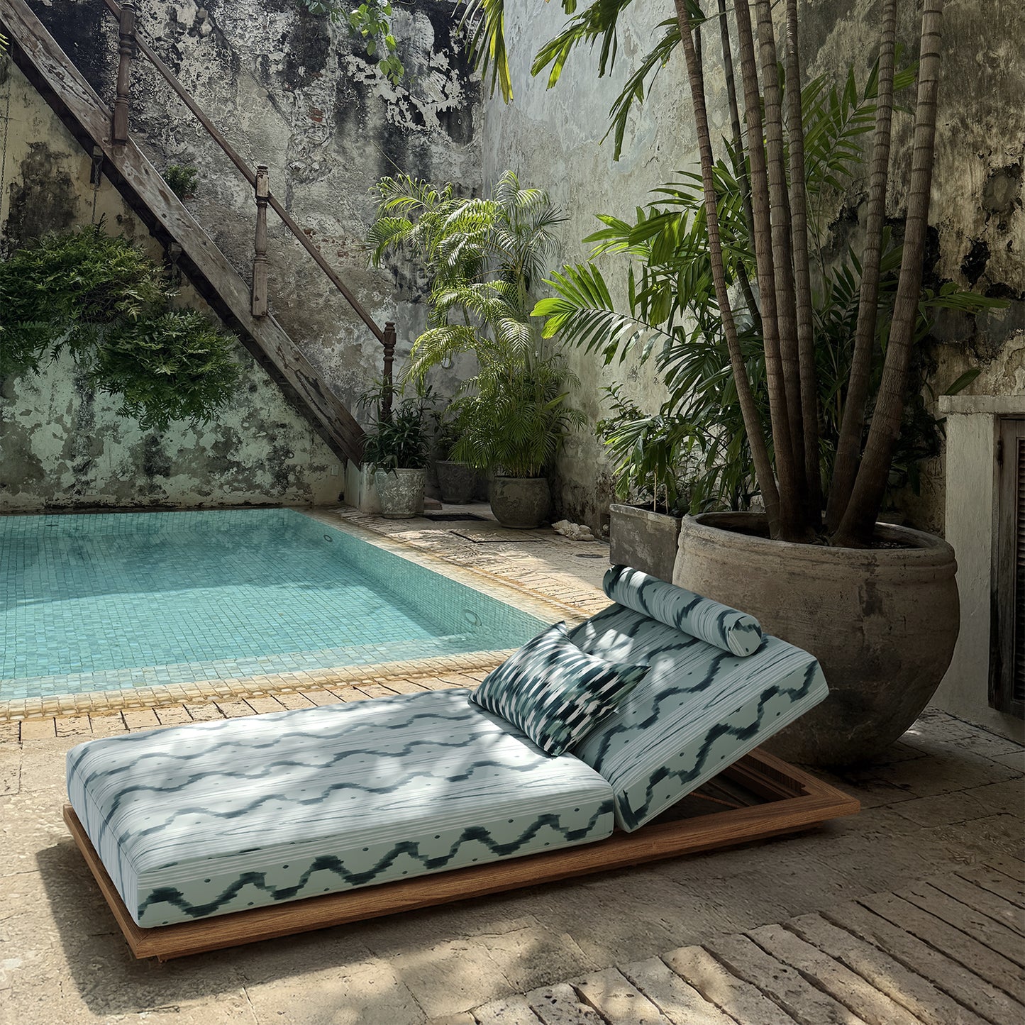 Outdoor Pillow - Teal Ikat Waves