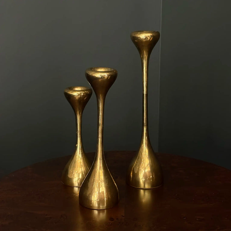Set of 3 Vintage Swedish Brass Candlesticks, Mid-Century Modern