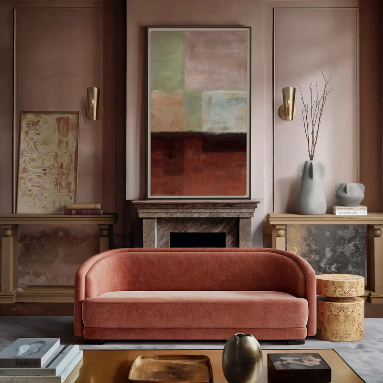 Lemieux et Cie Terroir Cubiste Limited Edition Art Print in burnt umber, clay and leafy green, framed abstract artwork above stone fireplace in warm-toned sitting room.