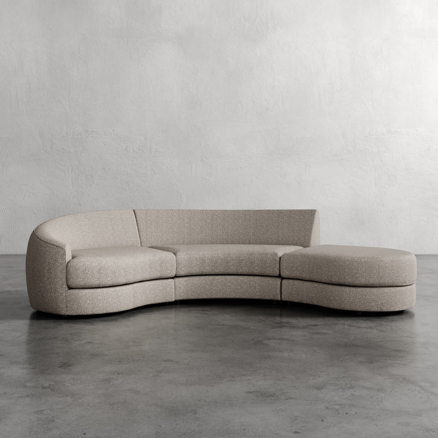 Beige curved sofa on a gray floor with a plain white wall background Rulmann 3-Piece Left Sectional Washed Linen Mink