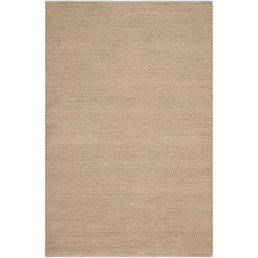 Lemieux et Cie Cordage Hand Woven Outdoor Rug in tan, flatweave rug with subtle textural diagonal pattern, shown on white studio backdrop.