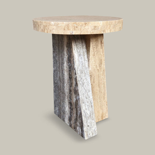 Lemieux et Cie Borel Side Table in walnut with low sheen finish, sculptural side table with round top and angled base, shown on neutral studio backdrop.