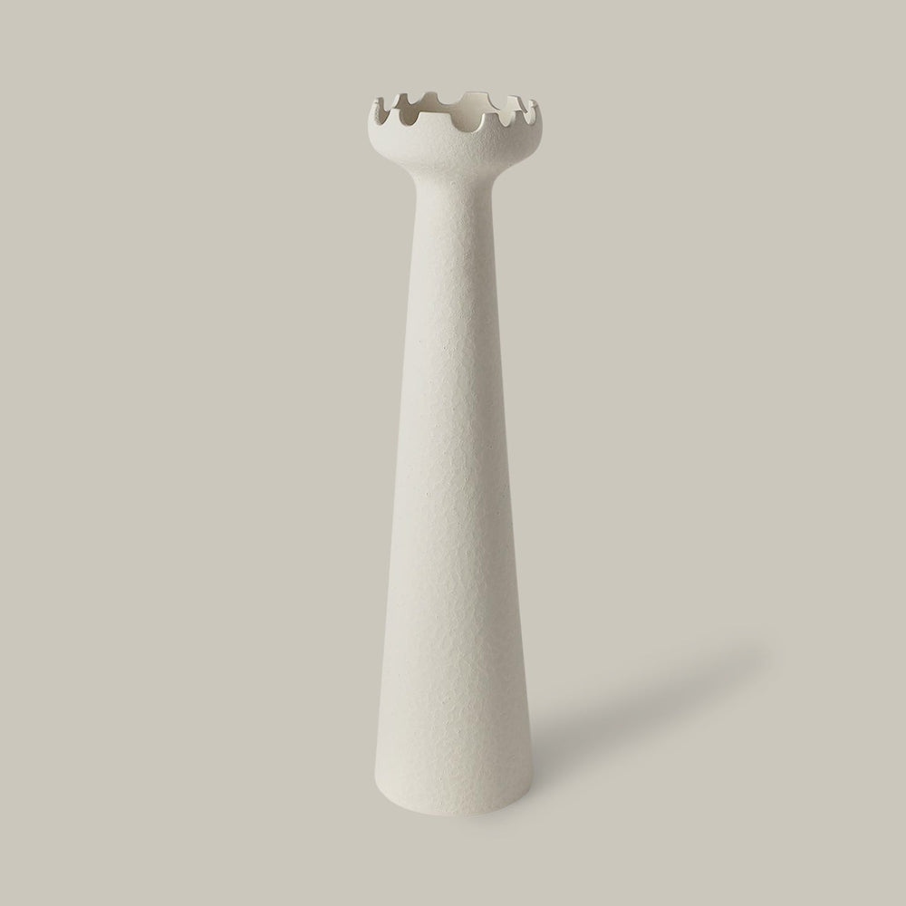 Lemieux et Cie Muguet Vase in matte white, tall sculptural vase with scalloped crown rim and tapered silhouette, shown on neutral studio backdrop.