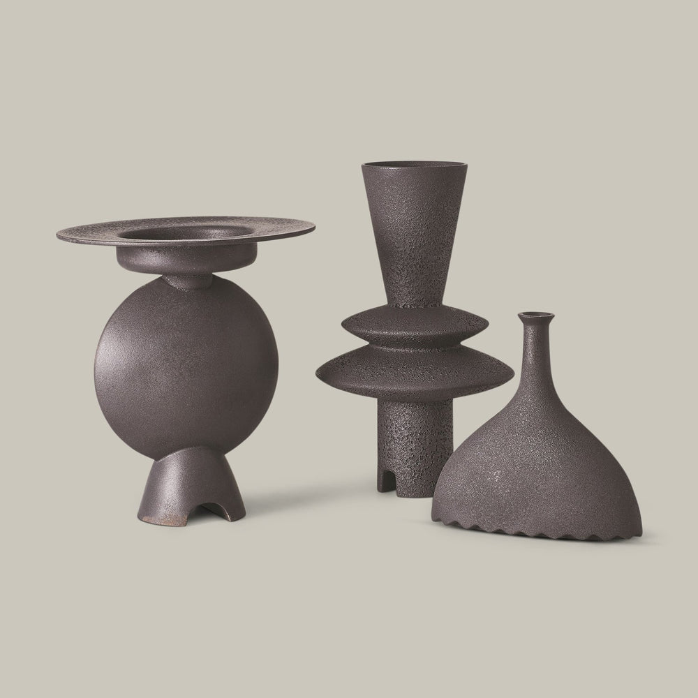 Lemieux et Cie Camille Geometric Vase in black ceramic, sculptural vase collection with textured surfaces shown on neutral studio backdrop.
