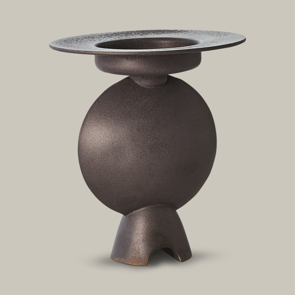 Lemieux et Cie Camille Geometric Vase in black ceramic, sculptural vessel with spherical body and wide flared rim, shown on neutral studio backdrop.
