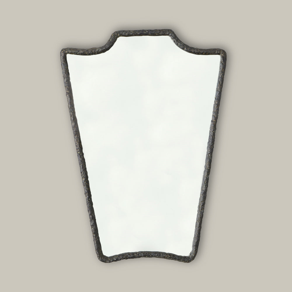 Lemieux et Cie Bouclier Mirror with hand-hammered cast iron frame in dark finish, shield-shaped mirror shown on neutral backdrop.