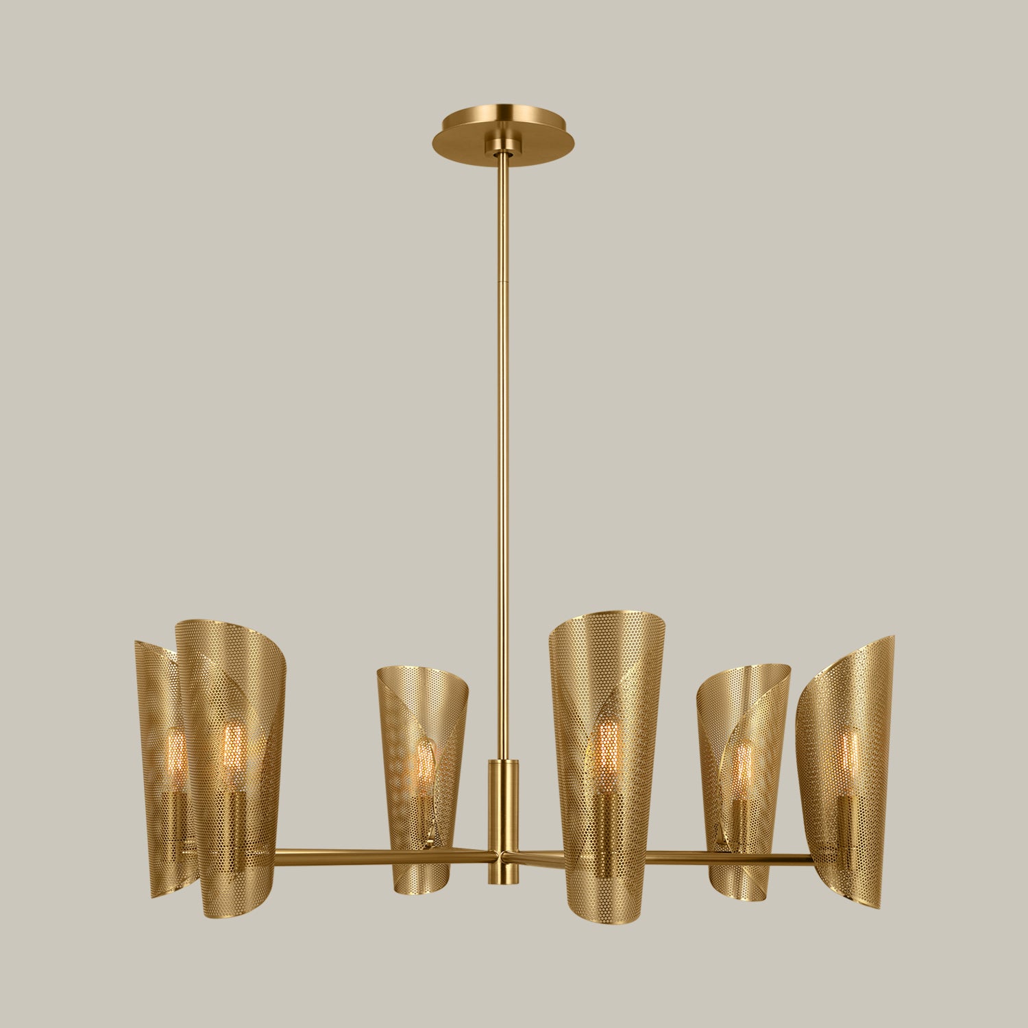 Lemieux et Cie Plivot 6 Light Large Chandelier, a handcrafted lighting fixture built with a central stem and six cone-shaped shades.