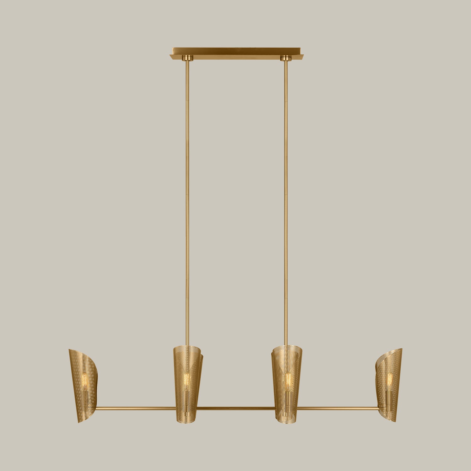 Lemieux et Cie Plivot 6 Light Linear Chandelier, a handcrafted lighting fixture in steel and burnished brass with six cone-shaped shades on a linear bar.