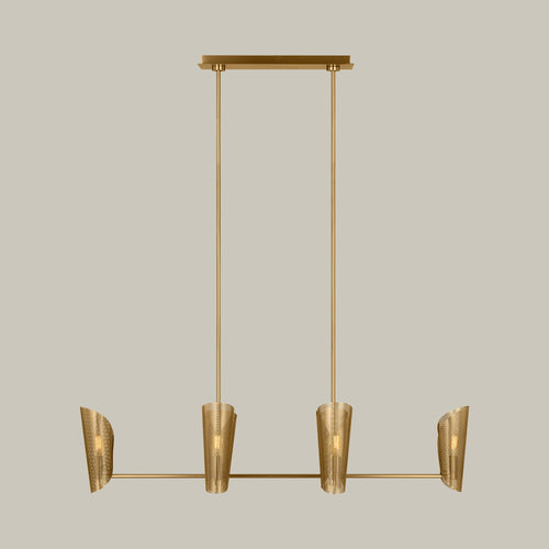 Lemieux et Cie Plivot 6 Light Linear Chandelier, a handcrafted lighting fixture in steel and burnished brass with six cone-shaped shades on a linear bar.
