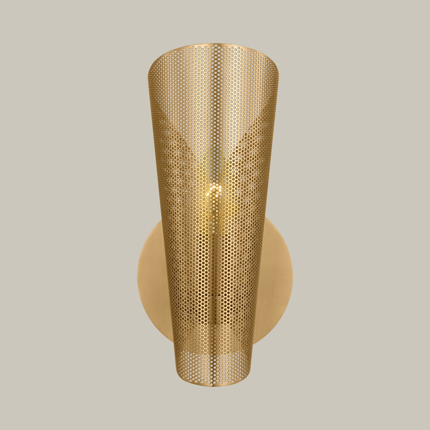 Lemieux et Cie Plivot Single Sconce, a handcrafted lighting fixture in steel and burnished brass with a cone-shaped shade and round wall plate.
