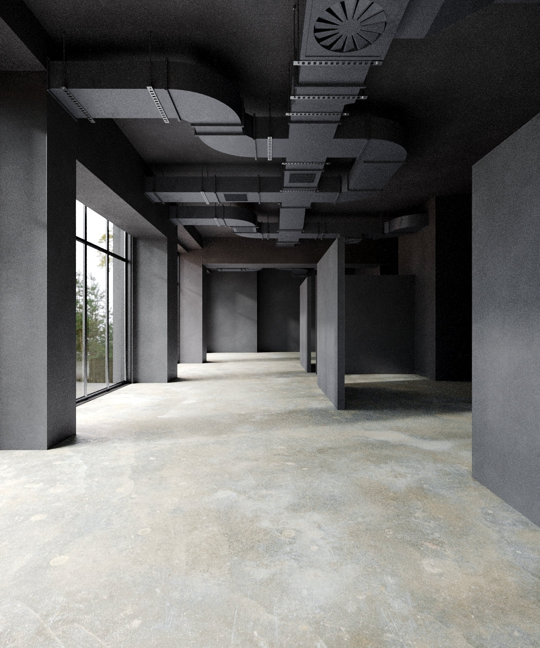 Interior rendering of Lemieux et Cie’s new SoHo store at 161 Grand Street, featuring a poured concrete floor and large street-facing windows.