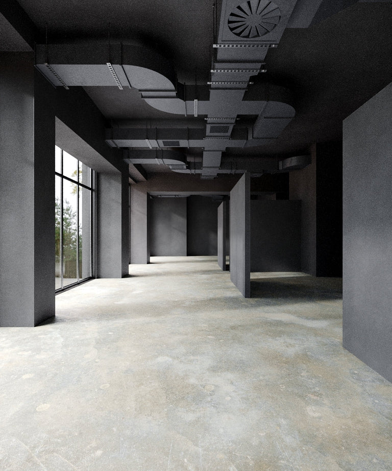 Interior rendering of Lemieux et Cie’s new SoHo store at 161 Grand Street, featuring a poured concrete floor and large street-facing windows.