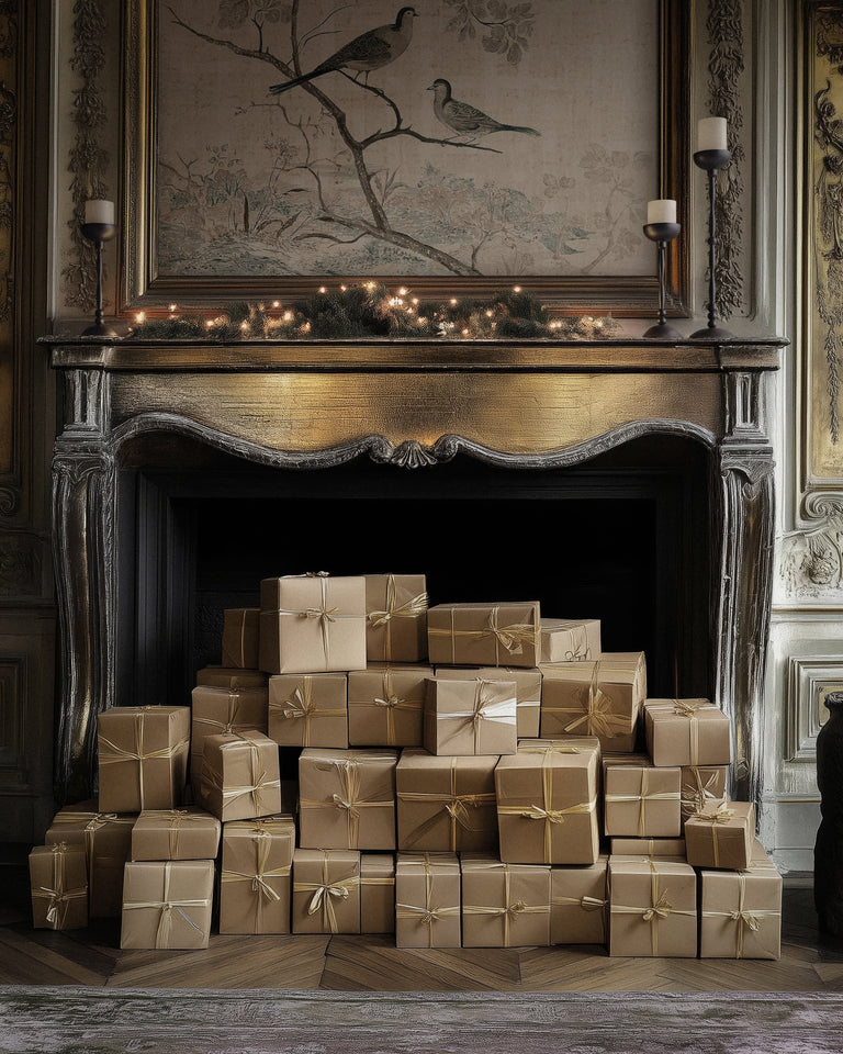 Lemieux et Cie Forêt de Lune painting styled with Achille candlesticks on an antique fireplace mantel with wrapped holiday gifts in a moody European interior.