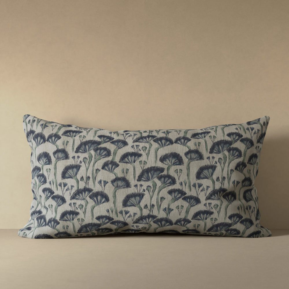 Linen decorative pillow cover with Japanese floral block print in deep indigo and sage on ecru ground