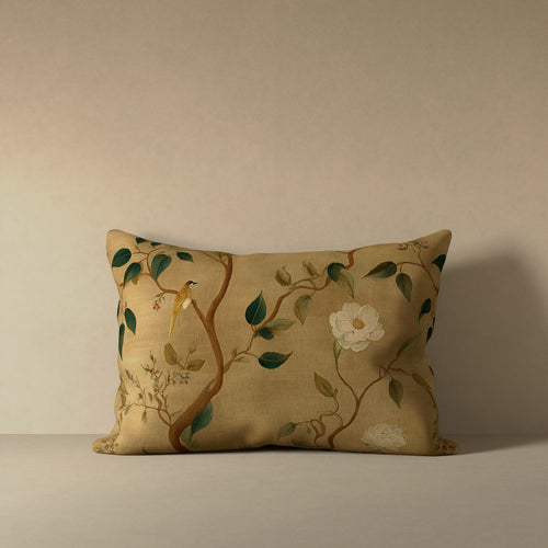 Linen luxury pillow with botanical treillage pattern in antique gold, sienna, and emerald green on linen with natural slub texture