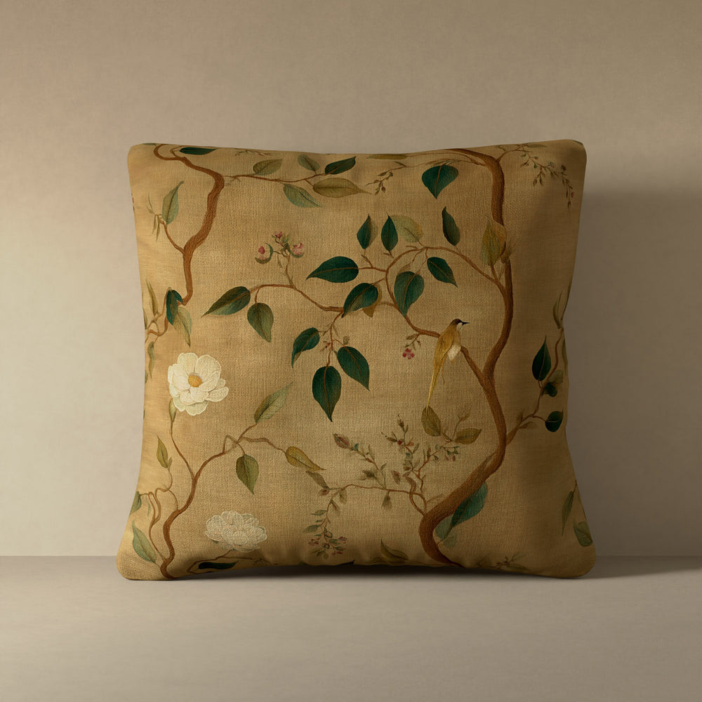 Linen luxury pillow with botanical treillage pattern in antique gold, sienna, and emerald green on linen with natural slub texture