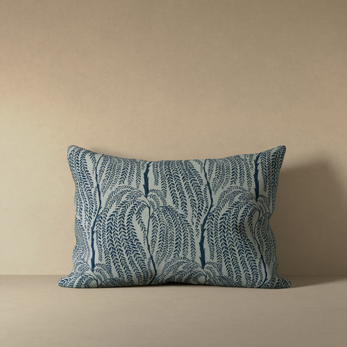 Linen decorative pillow cover with cascading willow botanical pattern in deep indigo on greige linen ground