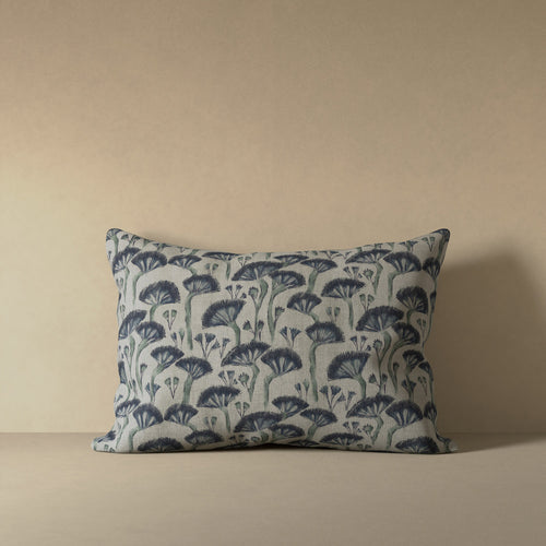 Linen decorative pillow cover with Japanese floral block print in deep indigo and sage on ecru ground