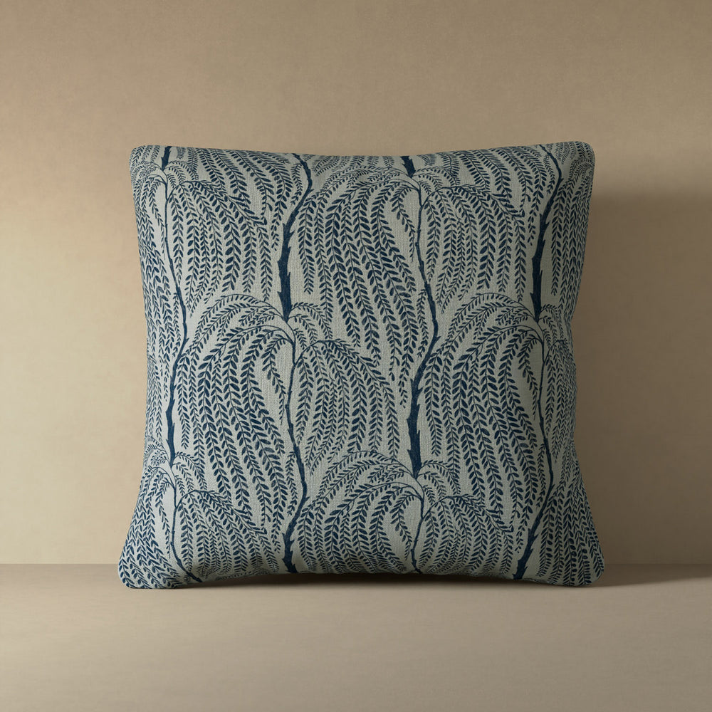 Linen decorative pillow cover with cascading willow botanical pattern in deep indigo on greige linen ground