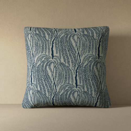 Linen decorative pillow cover with cascading willow botanical pattern in deep indigo on greige linen ground
