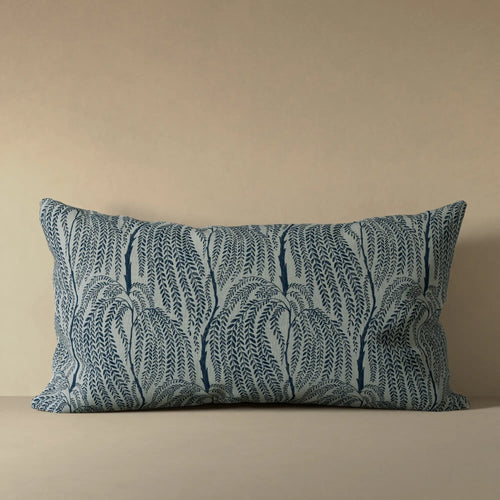 Linen decorative pillow cover with cascading willow botanical pattern in deep indigo on greige linen ground