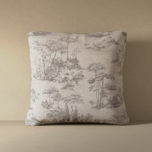 Linen decorative pillow cover with French toile scenic pattern in soft grey on cream linen ground