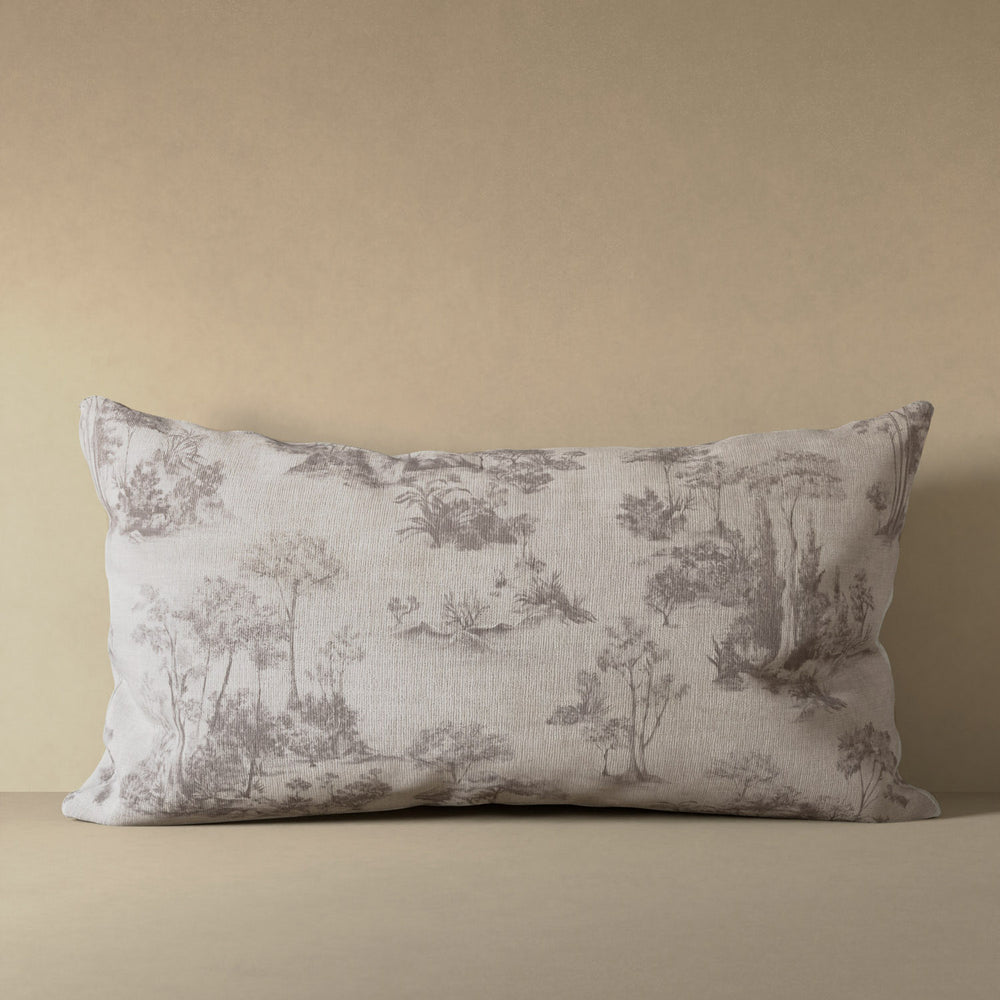 Linen decorative pillow cover with French toile scenic pattern in soft grey on cream linen ground