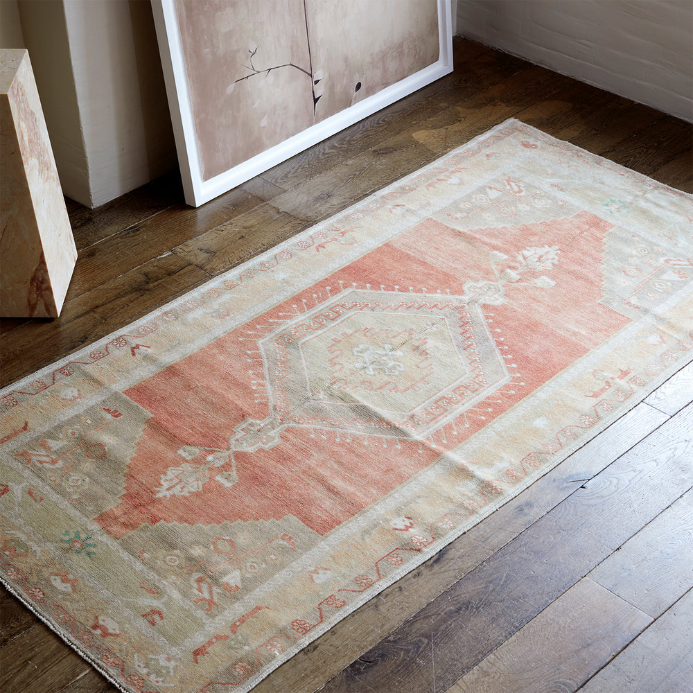 Lemieux et Cie Anatolian Village Rug in coral and sage geometric pattern, vintage handwoven wool shown on wood flooring beneath framed artwork.