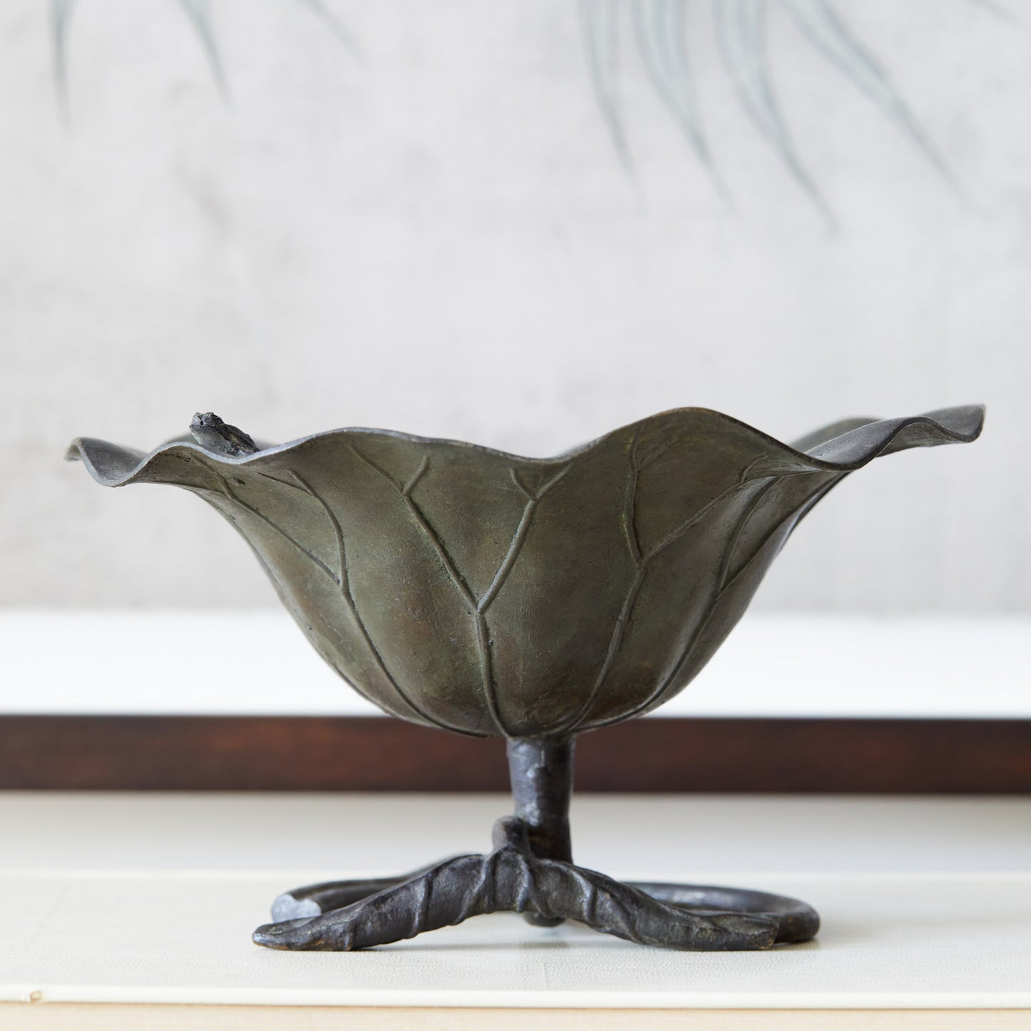 Large Bronze Lily Pad Bowl with Frog - Japanese Art Nouveau Elegance