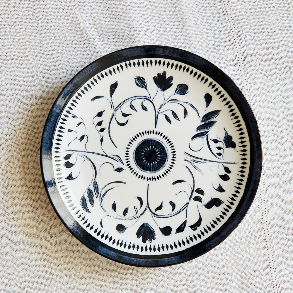 Lemieux et Cie Bruges Porcelain Salad Plate with hand-painted blue and white floral motifs, shown on natural linen surface