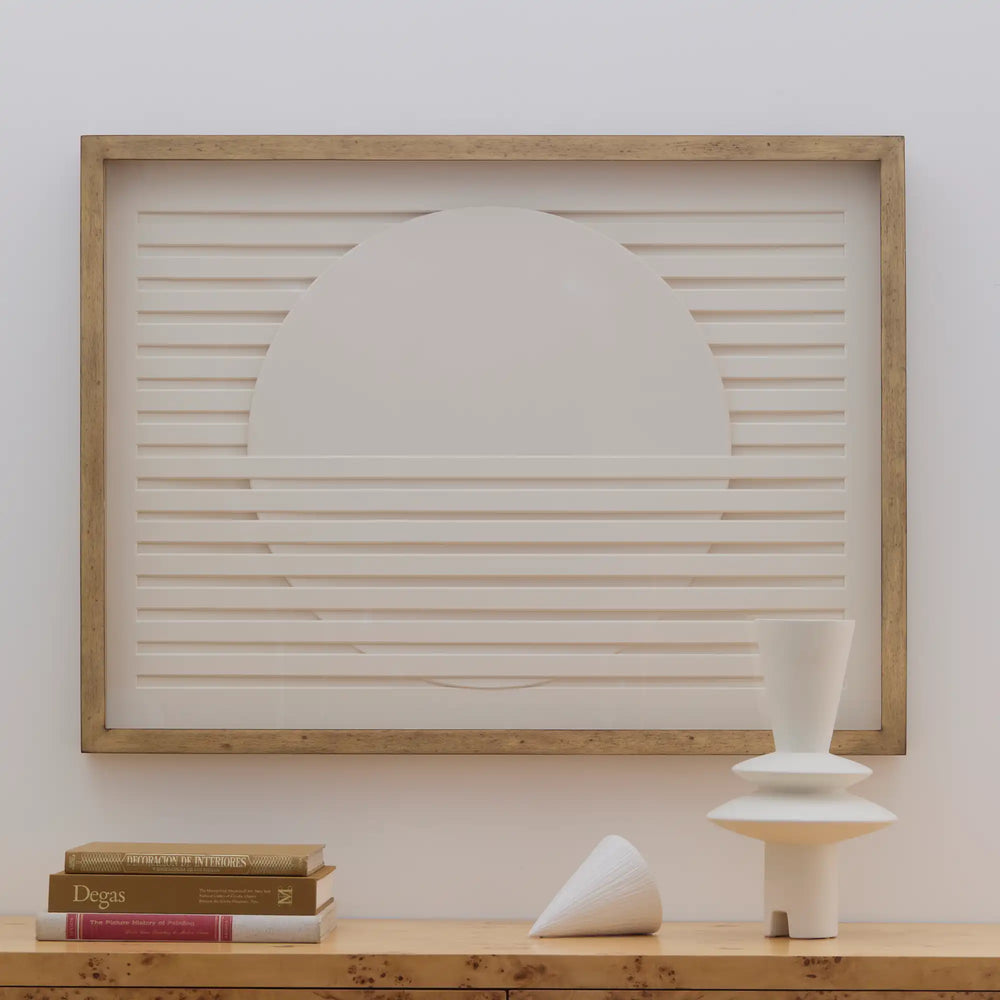 Lemieux et Cie Composition Géométrique No. 1 framed relief art with layered horizontal slats, styled on shelf with sculptural vessels and books against neutral wall.