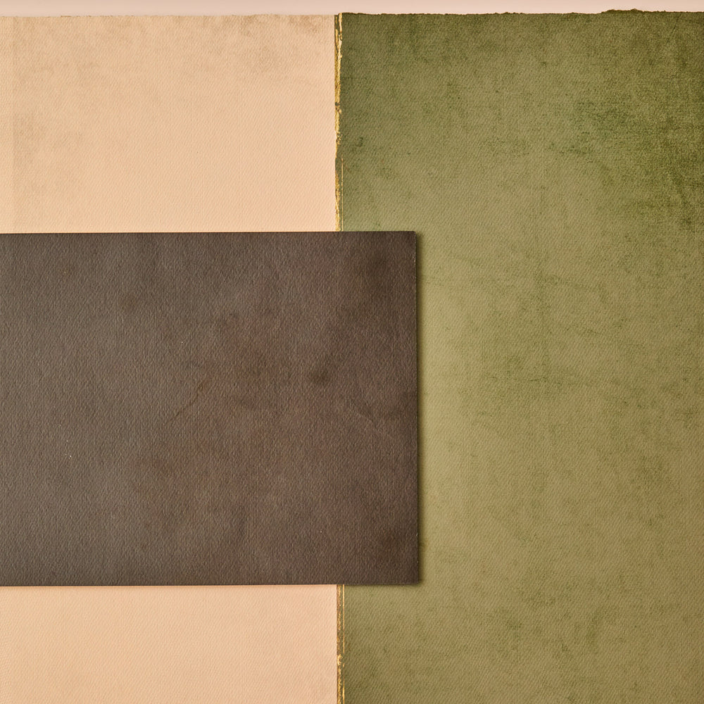 Lemieux et Cie Assemblage Géométrique No. 6 swatches in ivory, moss green, and warm brown tones, arranged on neutral backdrop