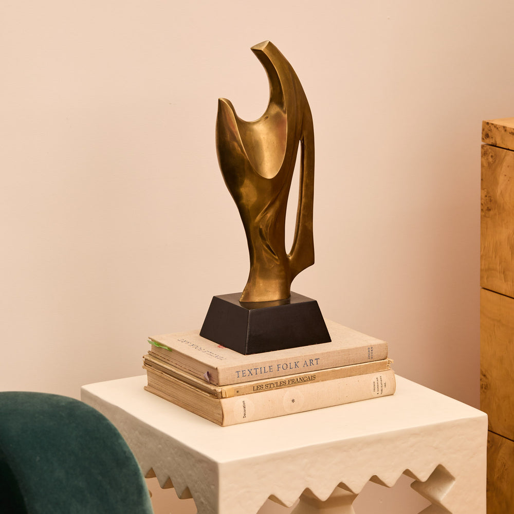 Lemieux et Cie Abstract Modern Sculpture on wood base by Alain Chervet, organic sculptural form styled atop stacked books on carved stone pedestal.