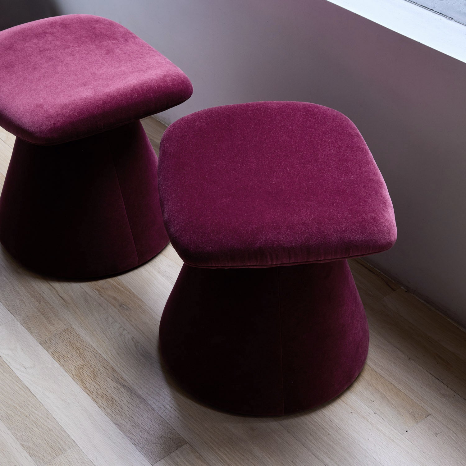 Pair of Romy Ottomans (Performance Velvet Currant) at 14 Crosby