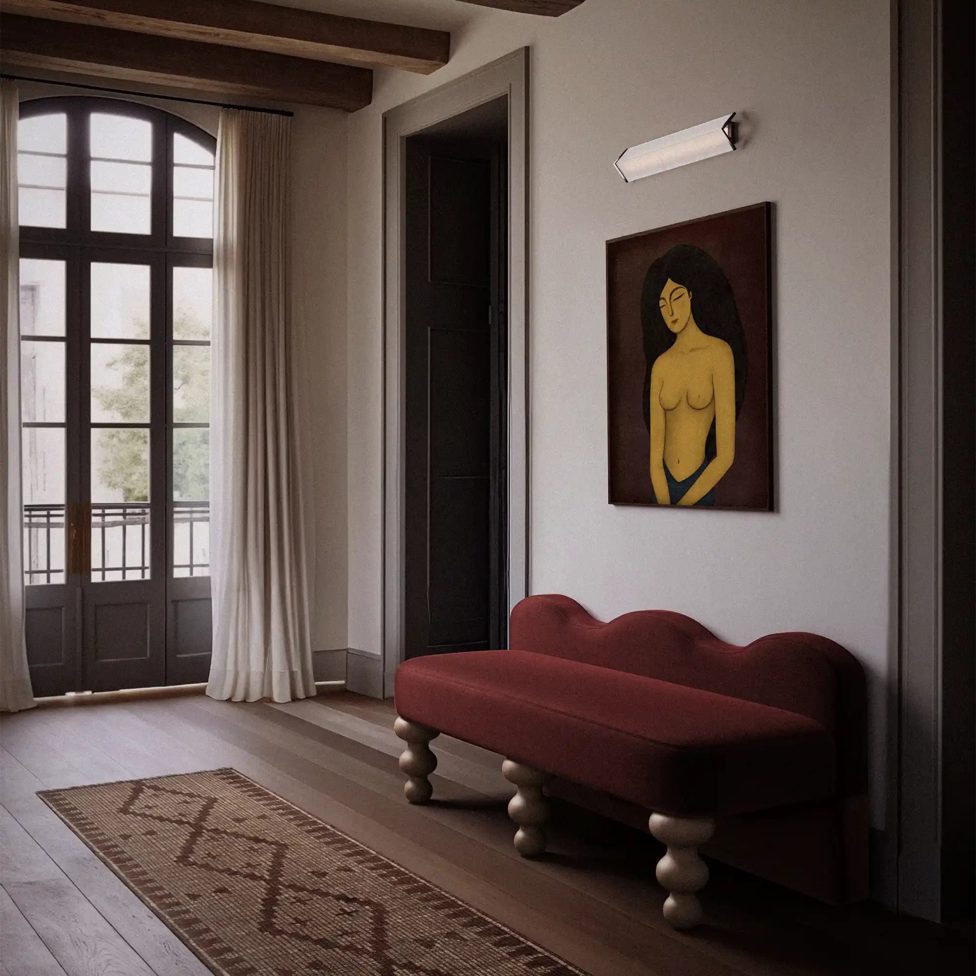 Lemieux et Cie Celine Bench in deep rust upholstery with sculptural turned legs, low-profile seating in plaster-walled room with wood floors and natural light.