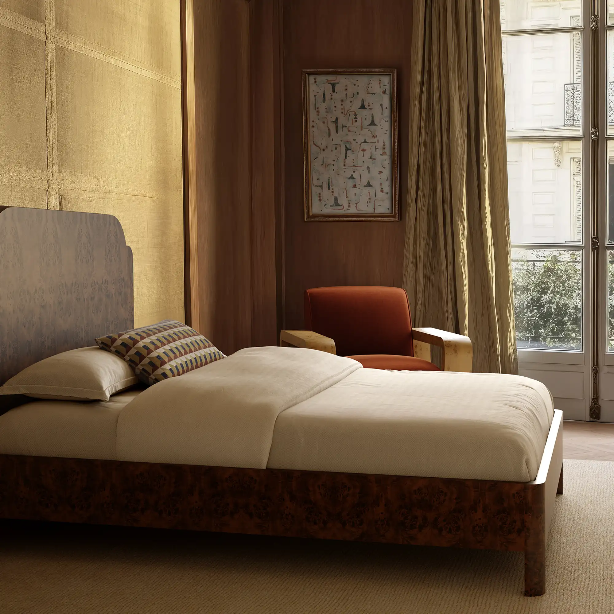 Lemieux et Cie Les Cubes Velvet Pillow in performance velvet, geometric accent pillow styled on bed with neutral bedding in bedroom with wood-paneled walls and tall windows.