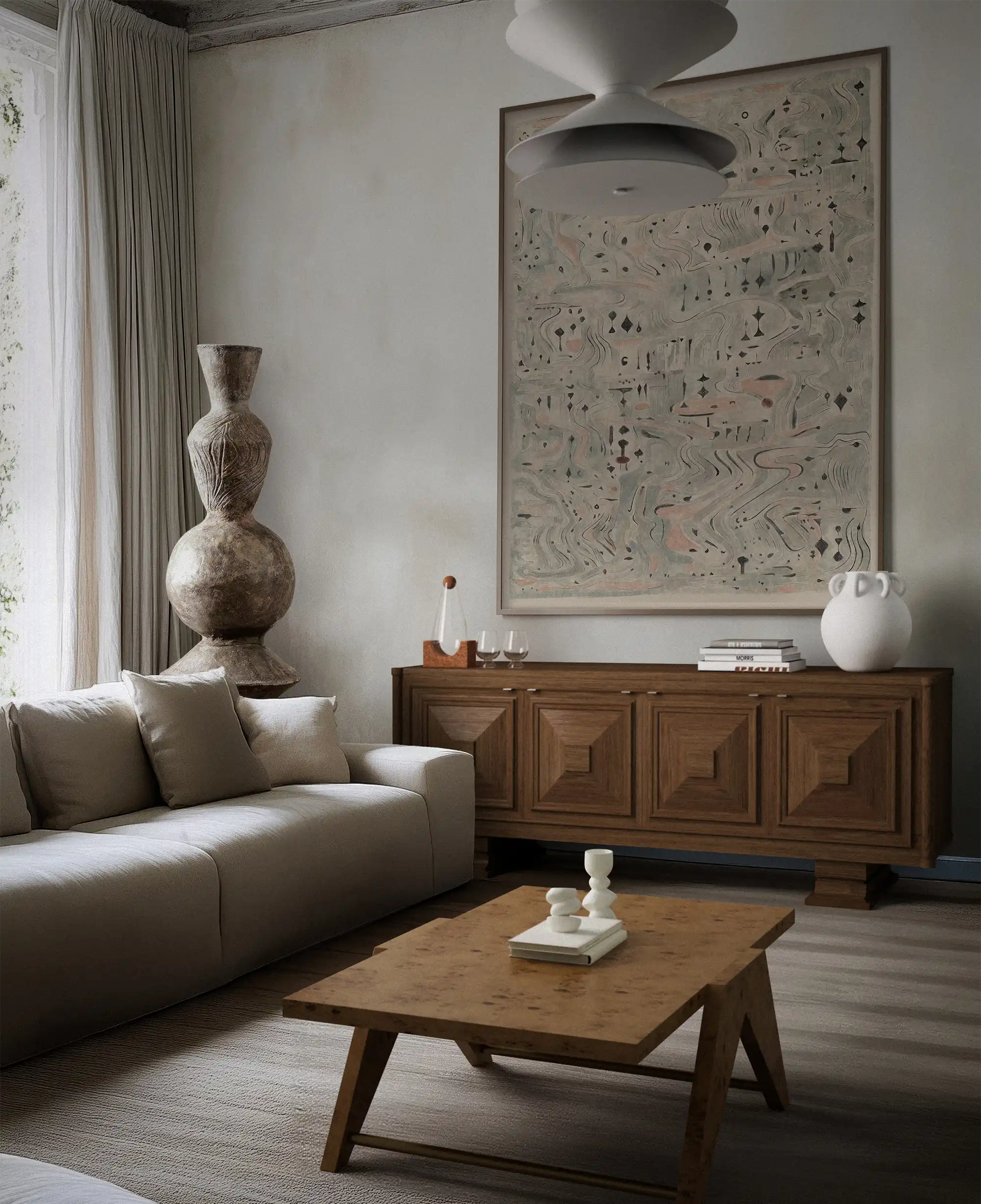 Living room with a wooden coffee table, sofa, and decorative items.
