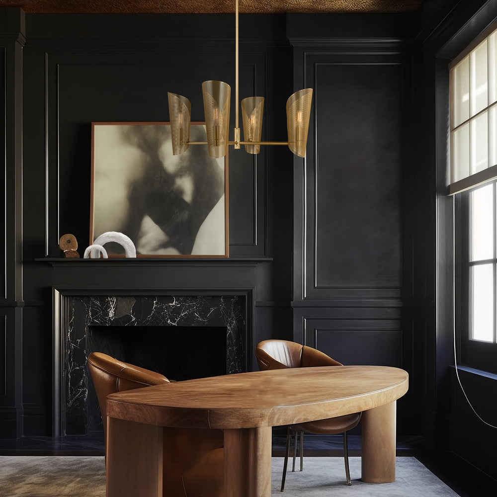 Lemieux et Cie Plivot 4 Light Medium Chandelier, a luxury lighting fixture suspended above a dining table in a sunlit room with black walls.