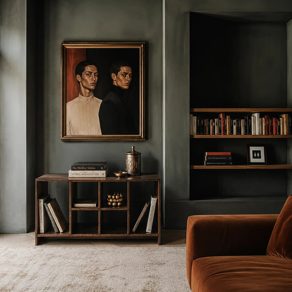 Room interior with a portrait on the wall, Lemieux et Cie Pierre Jeanneret low bookcase in solid teak, c. 1960, PGIMER, Chandigarh - front view showing six open compartments styled with books and decor
