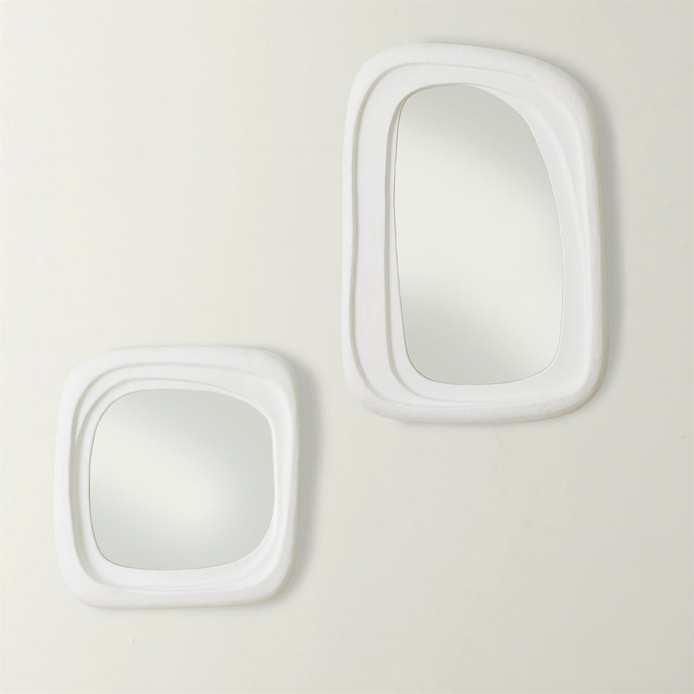 Lemieux et Cie Époque Mirror Collection, two rounded-edge mirrors in white finish, square and rectangular forms, shown on neutral backdrop.