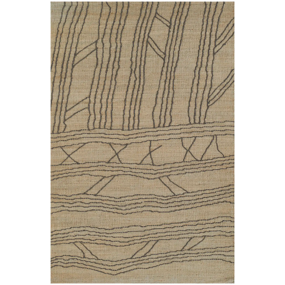 Lemieux et Cie rug in natural tones with geometric linear and crosshatch pattern, handwoven textile shown on white studio backdrop.