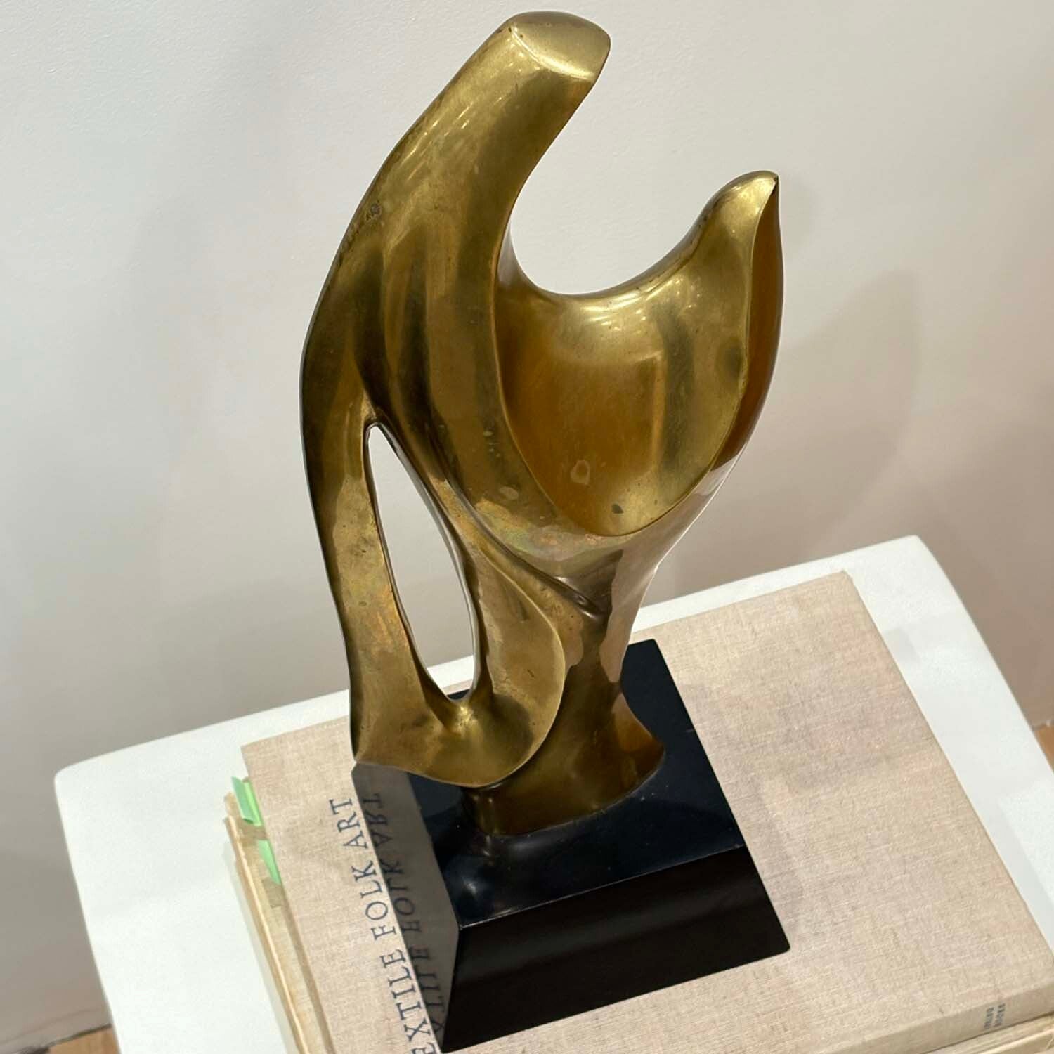 Abstract Modern Brass Sculpture on Wood Base by Alain Chervet