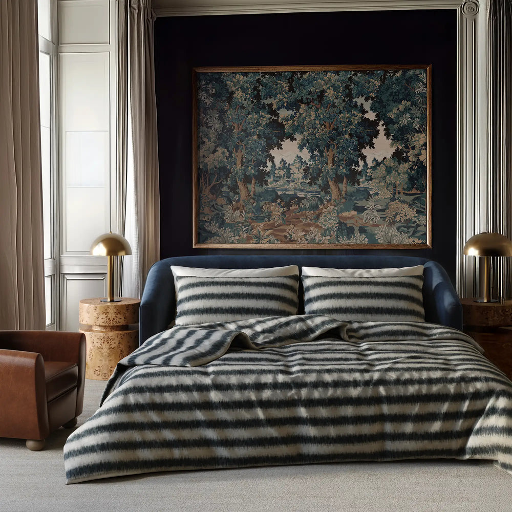 Lemieux et Cie Arvelle Queen Sleeper in blue, Lemieux et Cie French Flammé percale duvet covers queen with matching shams 